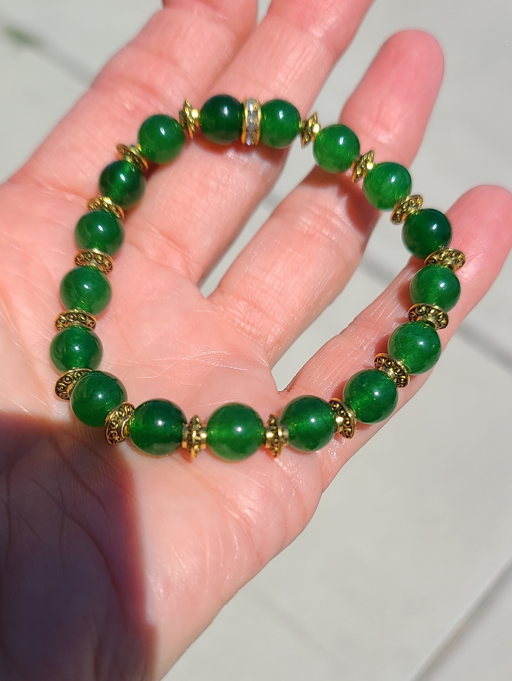 Green Jade Beaded Stretch Bracelet with Gold Accents